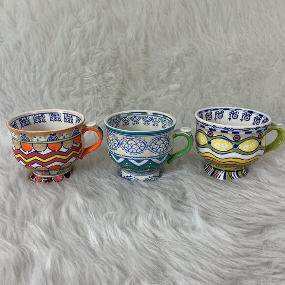 Anthropologie Other - Anthropologie Footed Green, Orange, Yellow, White Colorful Mugs Cups Set Of 3